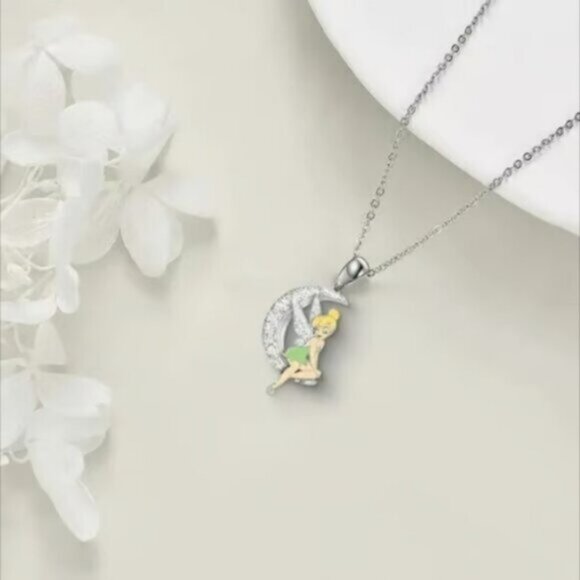 Tinkerbell Disney Moon Cubic Zirconia Studded Pendant Necklace New - Picture 2 of 5
